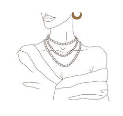 Beautiful fashion woman with necklace and earrings. Modern lineart illustration on white background - 474232427