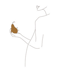 Beautiful woman holding a pear. Modern lineart illustration on white background - 474232428