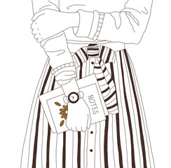 Female hands are holding a diary. Woman in striped clothes. Modern lineart illustration on white background - 474232430