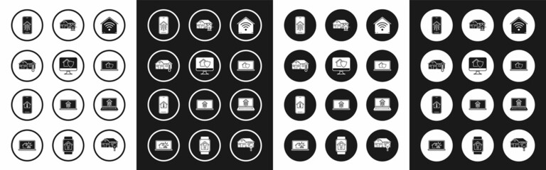 Set Smart home with wi-fi, Computer monitor house under protection, House temperature, Mobile phone smart, Laptop, and alarm, and icon. Vector