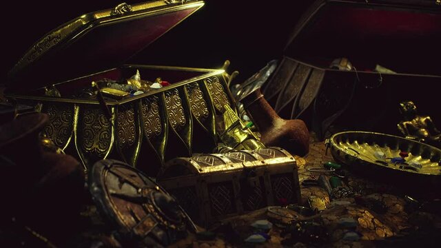 treasures in a dark cave with coins diamonds and gold