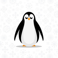Cute penguin with big eyes on white background with snowflakes - vector