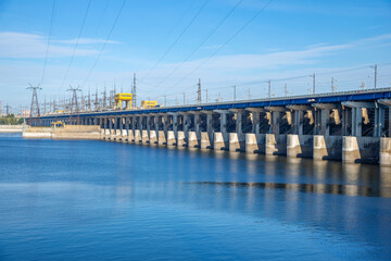 Fototapeta na wymiar Volga Hydroelectric power station on a sunny day. Volgograd, Russia