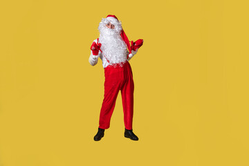Fototapeta na wymiar Santa claus yellow funny big, fat tradition isolated man senior, red mature, smile in suspenders with a large beard