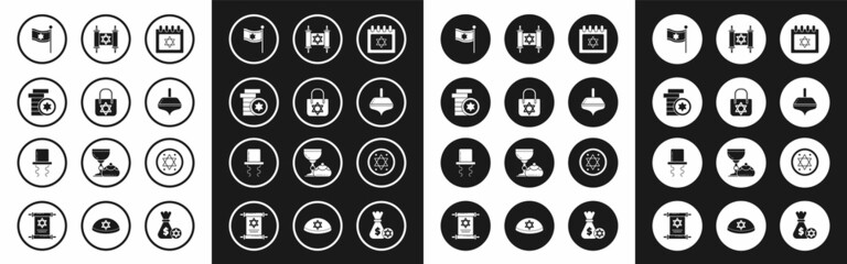 Set Jewish calendar with star of david, Shopping bag, coin, Flag Israel, Hanukkah dreidel, Torah scroll, and Orthodox jewish hat sidelocks icon. Vector