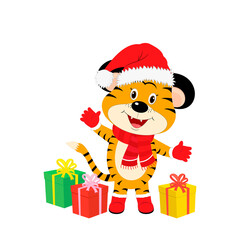 cristmas cute cartoon tiger with gifts