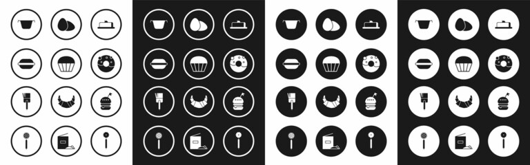 Set Strawberry cheesecake slice, Muffin, Macaron cookie, Cooking pot, Donut with sweet glaze, Chicken egg, Burger and Kitchen brush icon. Vector