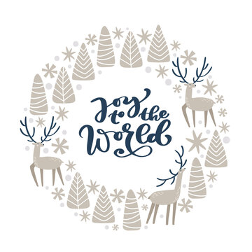 Merry Christmas vector lettering hand drawn text joy to the world and round form xmas doodle scandinavian elements deer, tree. Composition for winter holiday greeting card