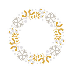 Christmas doodle hand drawn vector wreath floral branch and snowflakes frame for text decoration. Cute Scandinavian style illustration
