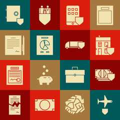 Set Plane with shield, Money, House, Smartphone insurance, Document graph chart, Contract pen, Safe and Delivery cargo truck icon. Vector