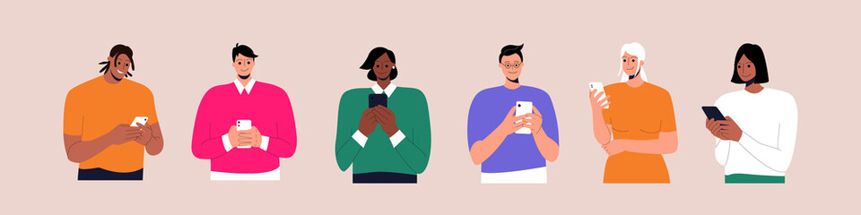 Collection of young people looking on smartphones. Set of people with different ethnic using smartphones. Female and Male Characters collection. Flat Cartoon Vector Illustration. Eps 10.