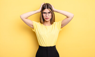 pretty caucasian woman feeling frustrated and annoyed, sick and tired of failure, fed-up with dull,...