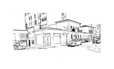 Building view with landmark of Llucmajor is the 
municipality in Spain. Hand drawn sketch illustration in vector.