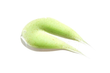 Face scrub texture. Cream skincare cosmetic. Organic stroke. Feet oily cleanser smudge. Particles in gel. White background. Top view. Fluid treatment