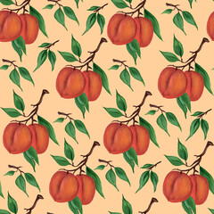 Ripe fruits of peaches, nectarines, apricots on branches with green leaves on a light beige, cream background. Seamless pattern. watercolor hand drawn illustration. For printing on fabric, packaging.