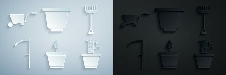 Set Plant in pot, Garden rake, Scythe, Cactus and succulent, Flower and Wheelbarrow icon. Vector