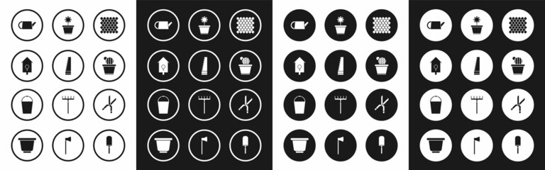 Set Garden fence wooden, saw, Retro wall watch, Watering can, Cactus and succulent pot, Flower, Gardening handmade scissors and Bucket icon. Vector