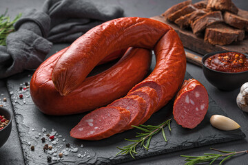 Smoked sausage with sliced pieces on a slate board with rosemary, garlic and spices.