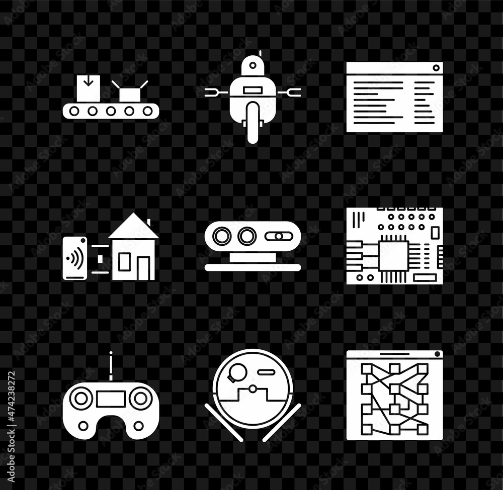 Poster set conveyor belt with cardboard box, robot, software, web developer programming code, remote contro