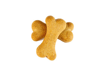 Top view of crunchy brown bone shaped dog biscuit as a treat isolated on white background close up. - 474238481