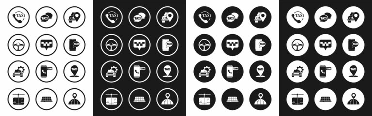 Set Map pointer with taxi, Steering wheel, Taxi call telephone service, and Car icon. Vector
