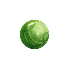 A hand-drawn watercolor planet isolated on a white background. The green planet. Circle of watercolors. Paper with a watercolor texture. Round watercolor shape.