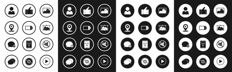 Set Picture landscape, Battery charge level indicator, Digital media play with location, Add friend, Hand like, Speaker mute and Speech bubble chat icon. Vector