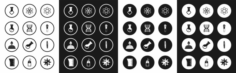 Set Atom, DNA symbol, Test tube and flask chemical, Tweezers and Alcohol or spirit burner icon. Vector