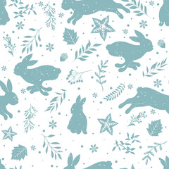 Seamless winter pattern with hares and leaves.