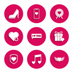 Set Speech bubble with I love you, Music note, tone hearts, Heart wings, Gift box and, shield, the center of darts target aim and Woman shoe high heel icon. Vector