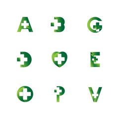 health letter logo bundle design, with letter and plus combination design into one unique and elegant symbol.green gradation.white isolated.modern template.