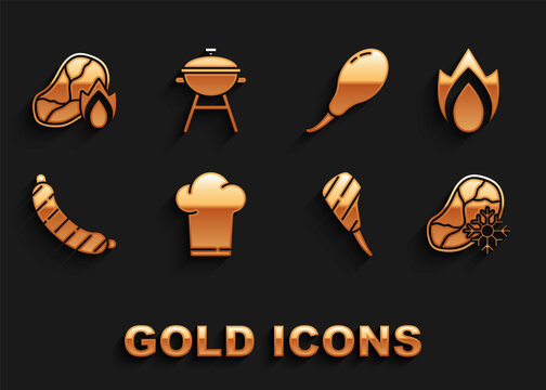 Set Chef hat, Fire flame, Fresh frozen steak meat, Rib eye, Sausage, Chicken leg, Grilled and fire and Barbecue grill icon. Vector