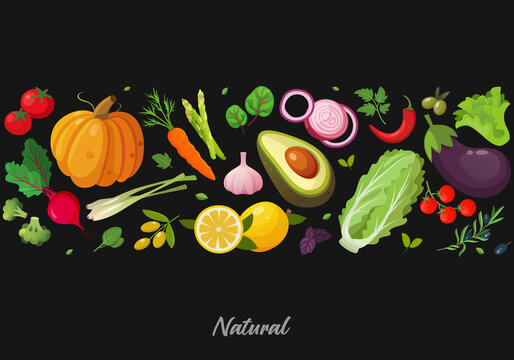 Collection of various fresh vegetables. Set of organic natural crops, salads, greens, etc. Vector illustration of a healthy lifestyle.