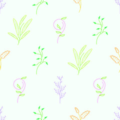 Abstract Doodle Seamless Pattern Plants Branch Botanic Leaf Leaves Herb Nature Background Decoration Vector Design Style For Prints Textiles, Clothing, Gift Wrap, Wallpaper, Pastel