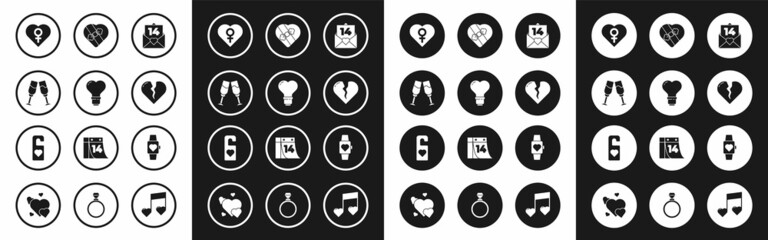 Fototapeta premium Set Envelope with Valentine heart, Heart shape light bulb, Glass of champagne, female gender, Broken or divorce, Candy shaped box, the center wrist watch and Please do not disturb icon. Vector