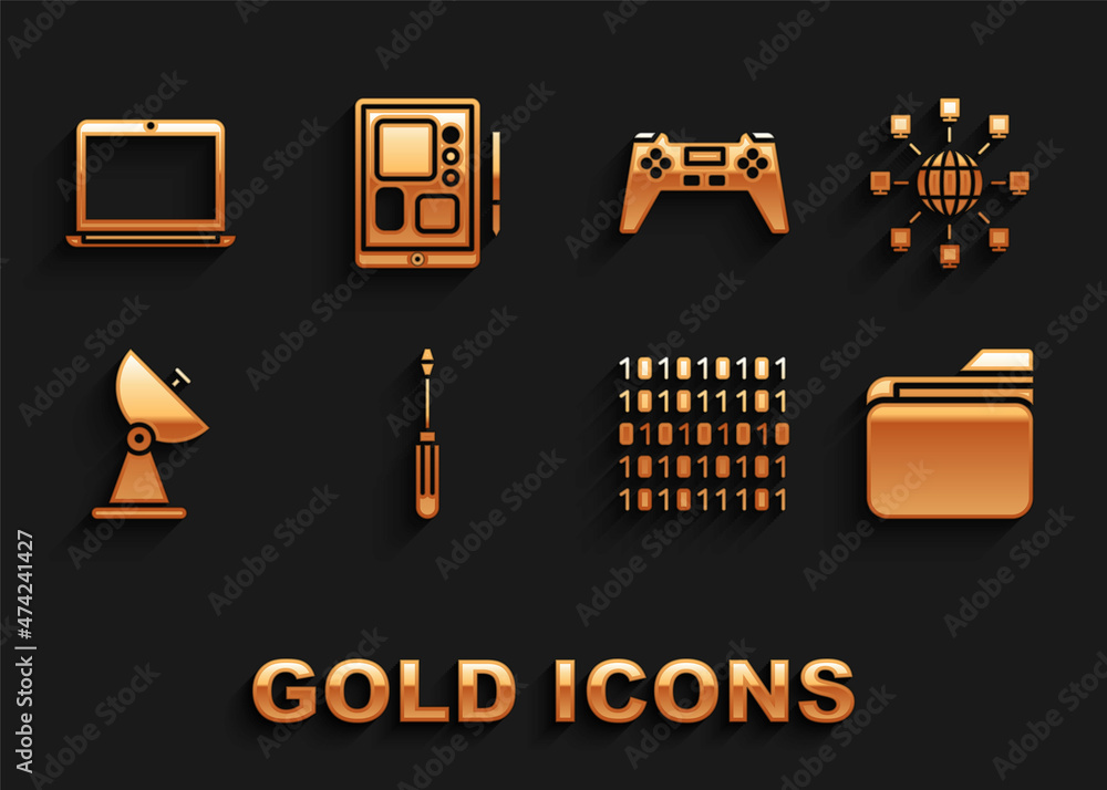 Sticker Set Screwdriver, Social network, Document folder, Binary code, Radar, Gamepad, Laptop and Graphic tablet icon. Vector