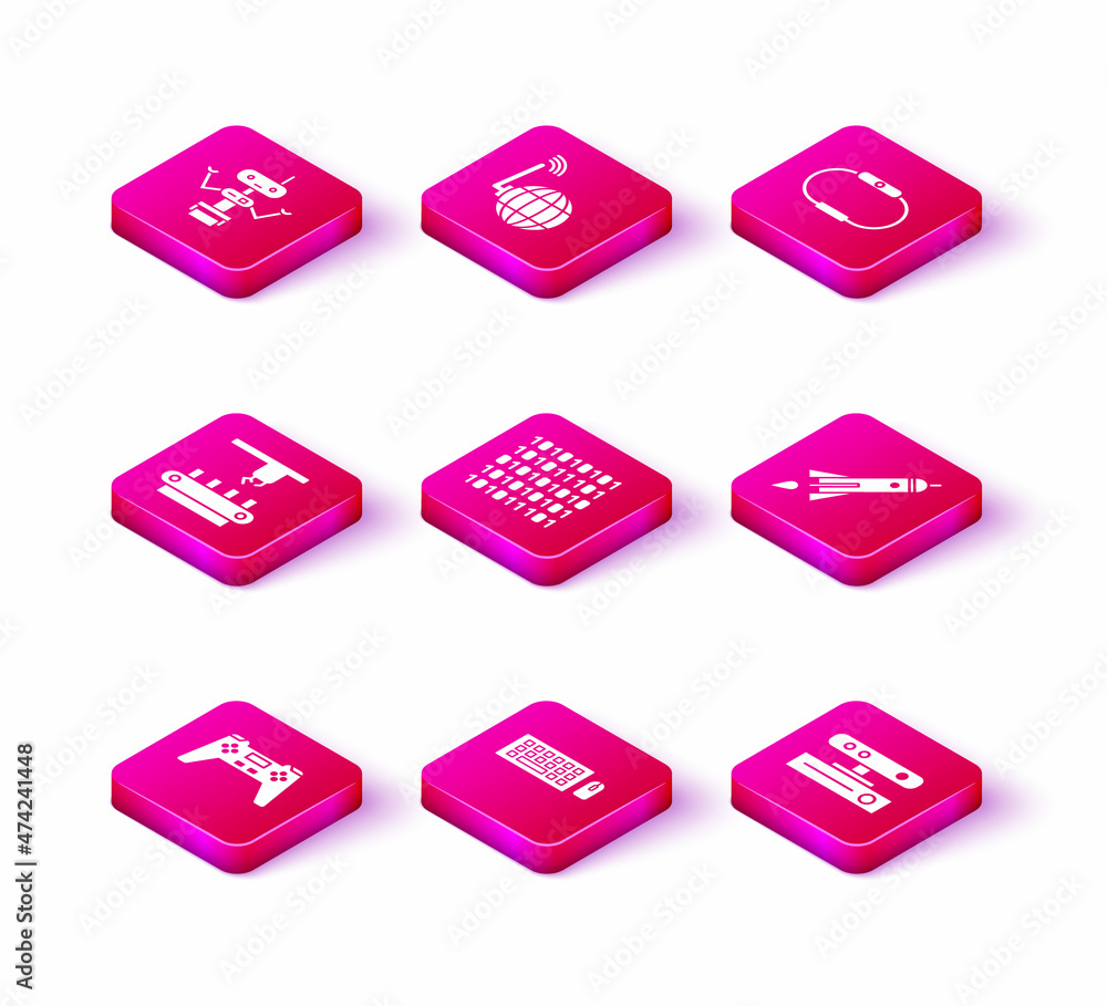 Poster set gamepad, keyboard and mouse, factory conveyor system belt, binary code, motion sensor, rocket sh