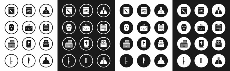 Set Lawyer, attorney, jurist, Briefcase, Thief mask, Evidence bag and knife, The arrest warrant, pistol gun, Subpoena and Retro typewriter icon. Vector