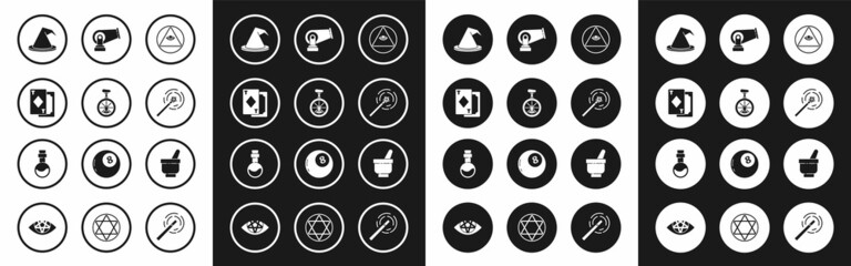 Set Masons, Unicycle or one wheel bicycle, Playing cards, Witch hat, Magic wand, Cannon, mortar pestle and Bottle with love potion icon. Vector