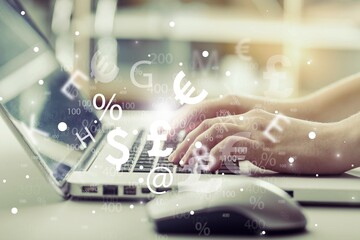 Double exposure of creative concept with hands typing on laptop on background, research and development concept