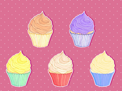 Set of colorful cupcakes. Isolated vector illustration on white background. Sweet delicious dessert food, yummy pastries. Outline frehand drawn. Template for flyers, recipes, greeting cards, posters