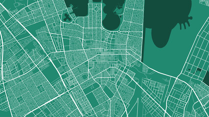Green Dammam City area vector background map, streets and water cartography illustration.