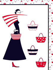 Fashion womans accessories. Set of the bags. Vector illustration isolated on white background. Stylized linear sketch.Template for design clothing, cards and wrapping paper.