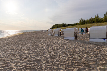 The view of the beach of Zempin on the island of Usedom with many beach chairs - obrazy, fototapety, plakaty