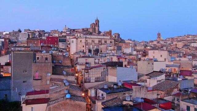 Aerial shot of Calatgirone by sunrise, Sicily