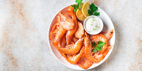 shrimp food prawns seafood healthy meal diet snack on the table copy space food background rustic. top view keto or paleo diet vegetarian food pescetarian diet