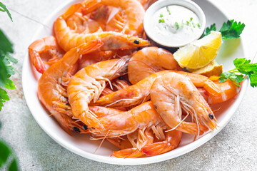 shrimp food prawns seafood healthy meal diet snack on the table copy space food background rustic. top view keto or paleo diet vegetarian food pescetarian diet