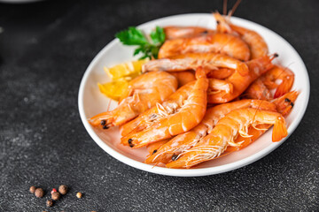 shrimp food prawns seafood healthy meal diet snack on the table copy space food background rustic. top view keto or paleo diet vegetarian food pescetarian diet