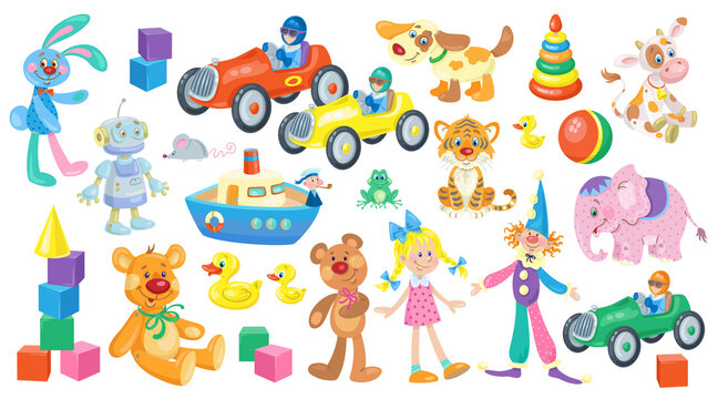 Big set of colorful children's toys for little boys and girls. In cartoon style. Isolated on white background. Vector flat illustration.