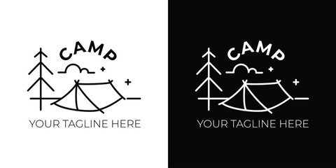 Simple black and white camping logo, camping logo design with symbol lines in the form of forest, tent, landscape, sky